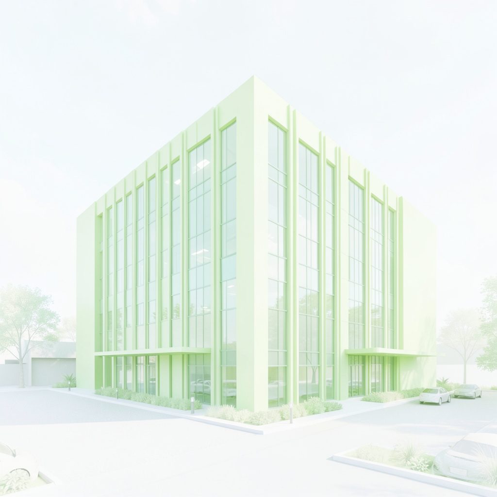Bright airy photograph of a sunlit modern glass office space with pale green indoor plants and soft natural light streaming through tall windows